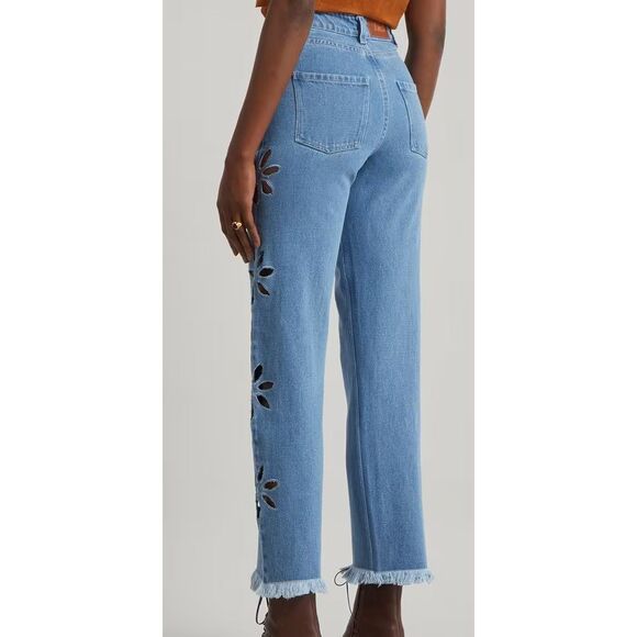 Tach x Free People Sz XS Blue Jazmin Cut-Out Flower Embroidered Denim Jeans - Picture 12 of 12
